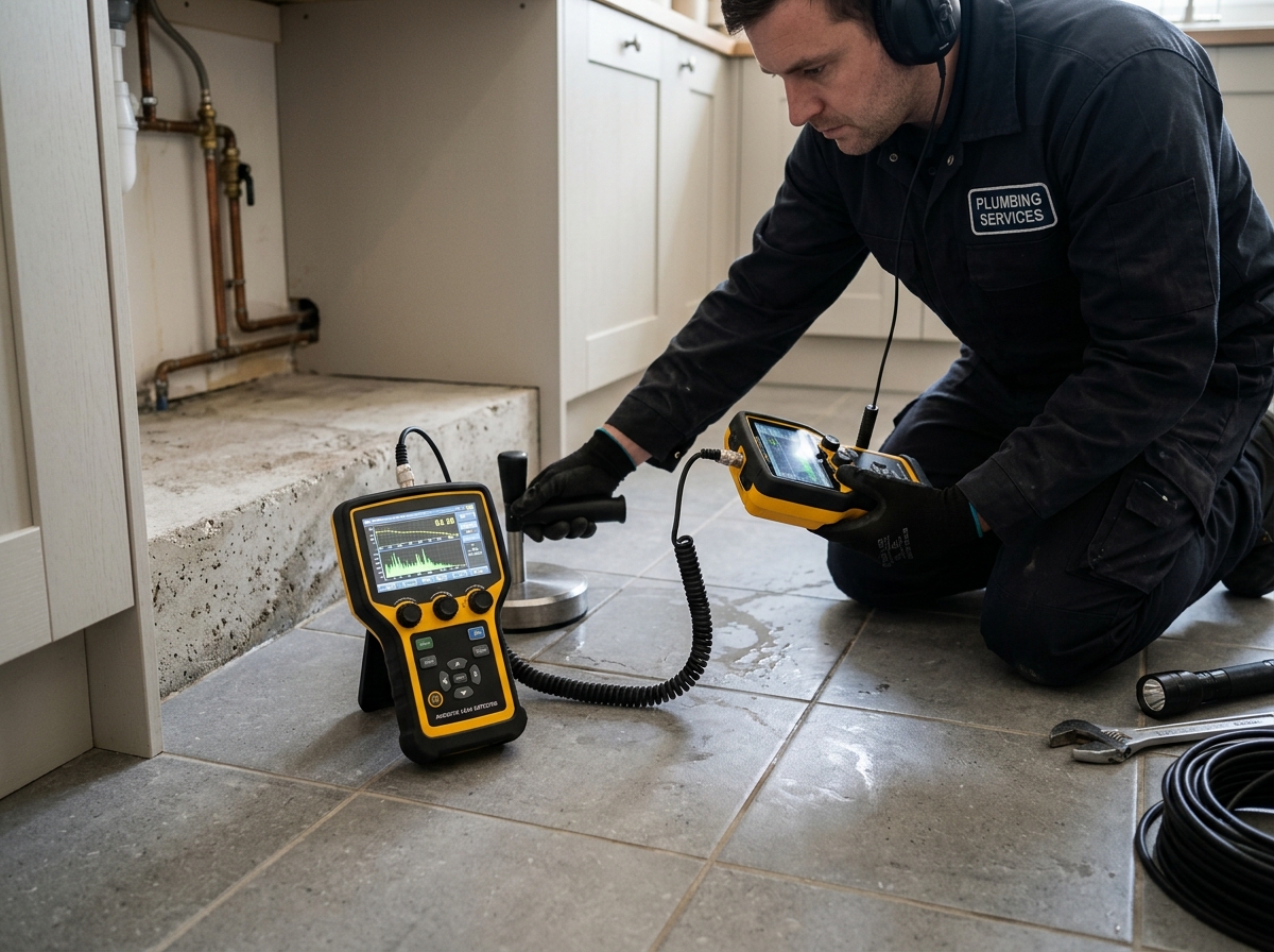 Electronic listening device inspecting concrete slab for hidden water leaks