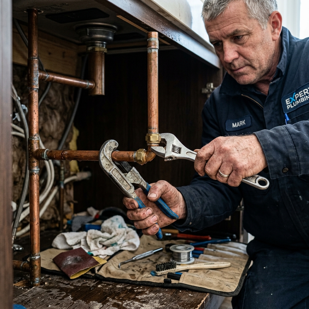 Plumbing technician installing flexible PEX water supply lines for an overhead slab leak reroute